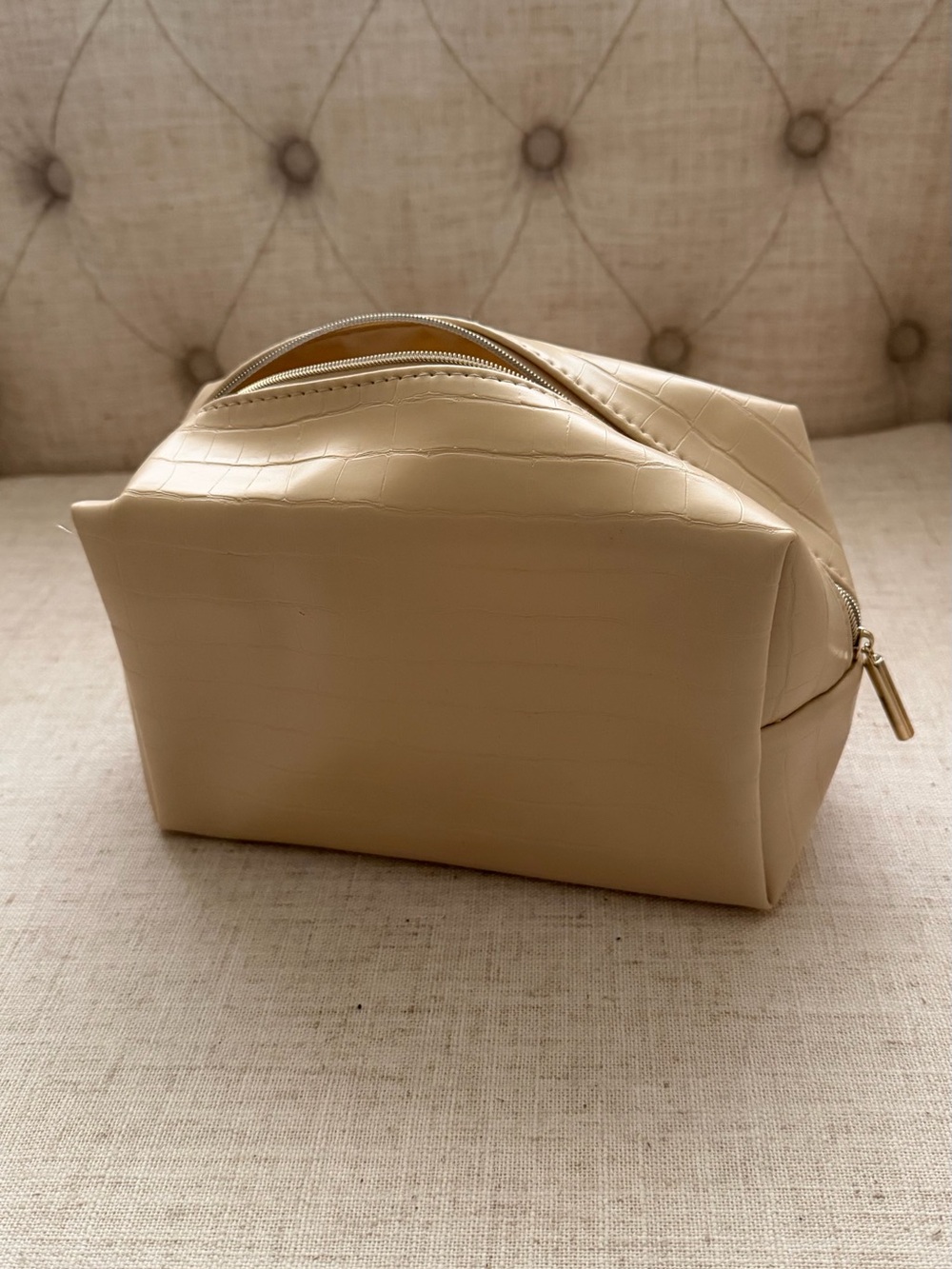 Croc-Embossed Beige Cosmetic Pouch